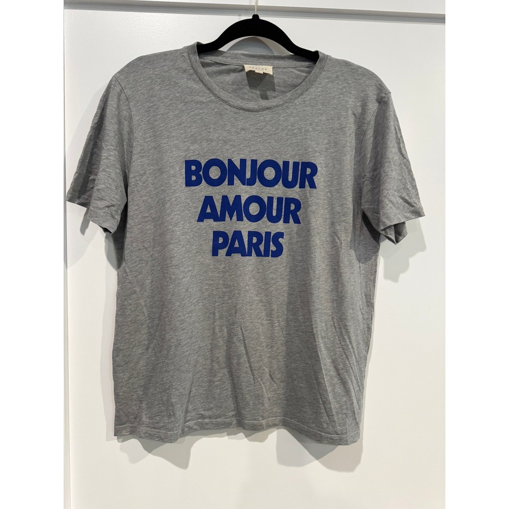 Sezane Bonjour Amour Paris Graphic Tee Gray Blue Short Sleeve Crewneck Small